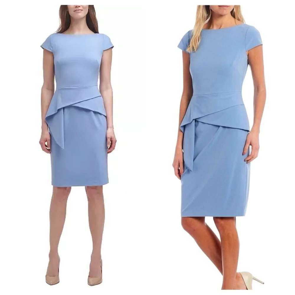 Vince Camuto Periwinkle Blue Cap Sleeve Asymmetrical Peplum Crepe Sheath Dress